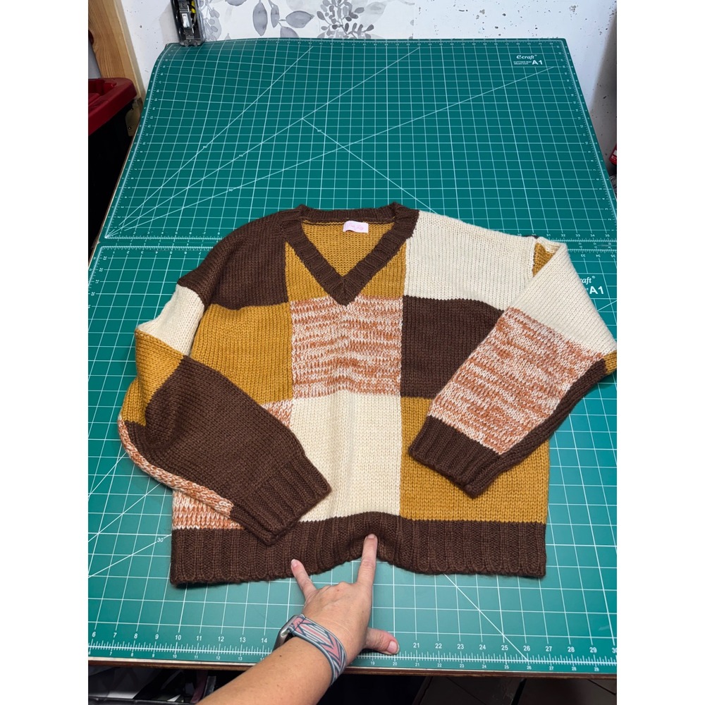Pink Lily Women Colorblock Patchwork V-Neck Chunky Knit Sweater Brown Mustard S